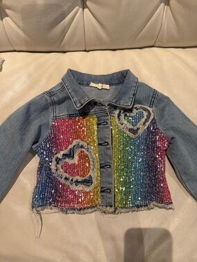 Girls Rainbow Sequin Denim Jacket with Heart Patches